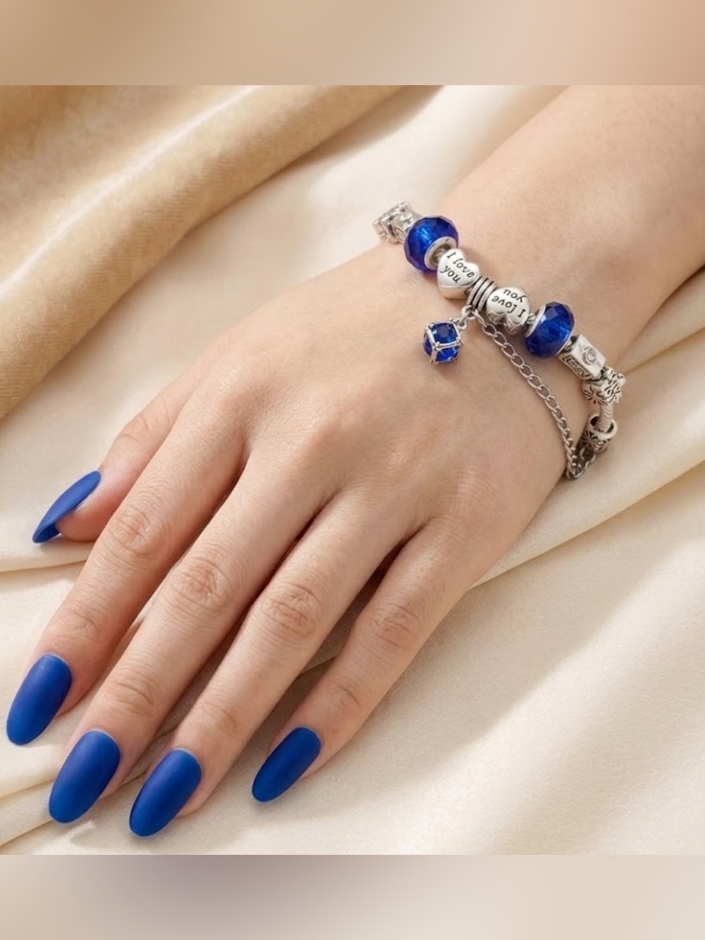 Blue Crystal “I Love You” Charm Bracelet – Silver Tone